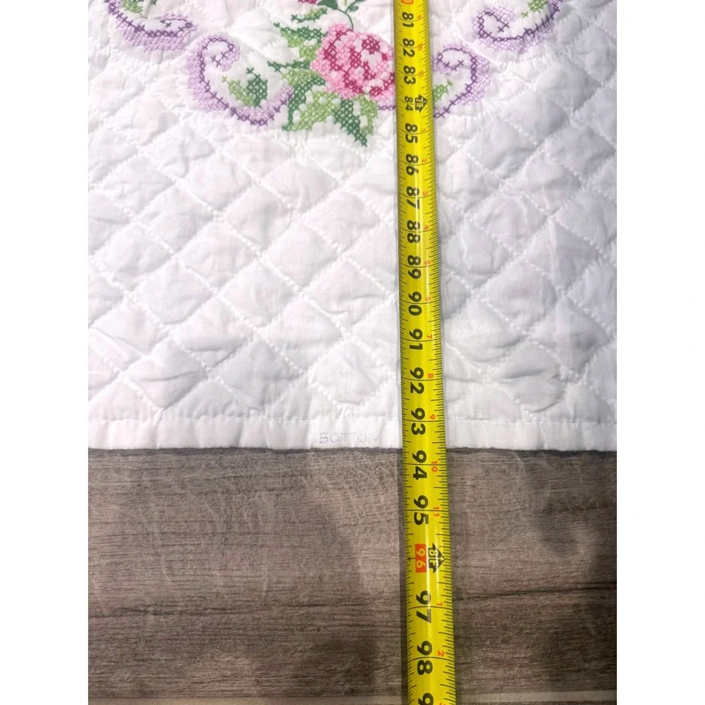 Vintage Handmade Cross Stitch Floral Quilt Cottagecore Pink Roses Full Queen